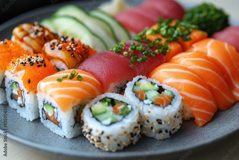 A colorful sushi platter with a variety of sushi rolls, fresh fish, and vegetables on a gray plate. A colorful sushi platter with a variety of sushi rolls, fresh fish, and vegetables on a gray plate.