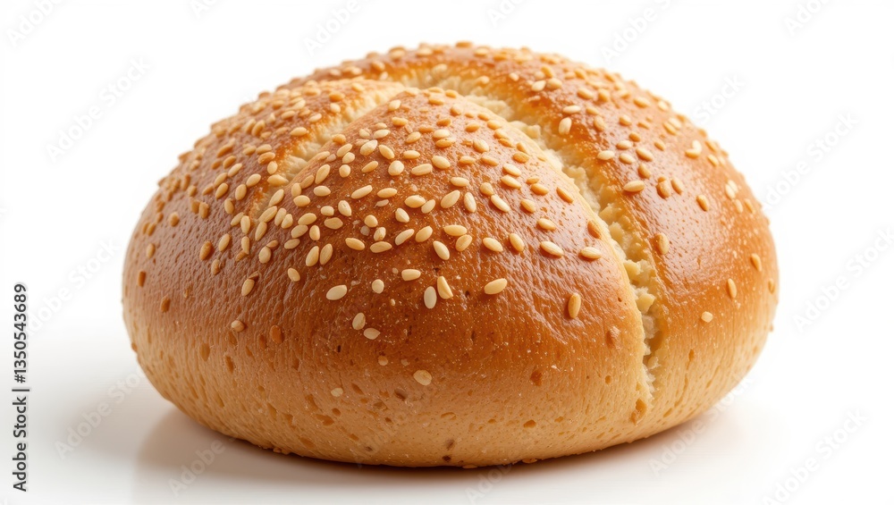 Freshly Baked Golden Sesame Bread Roll with Crisp Texture on White Background Freshly Baked Golden Sesame Bread Roll with Crisp Texture on White Background