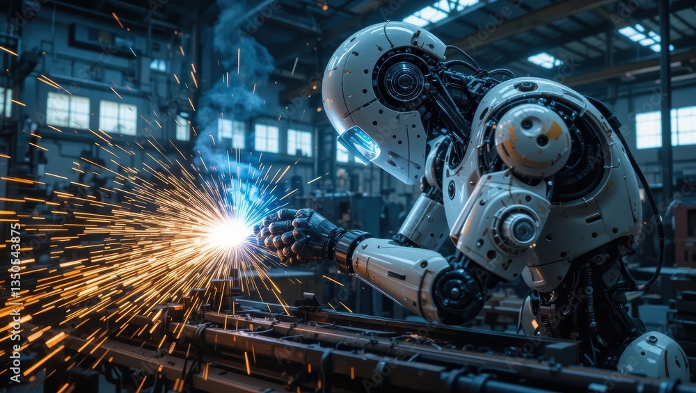 Futuristic Robot Welding Metal in an Industrial Workshop with Sparks and Dynamic Atmosphere Futuristic Robot Welding Metal in an Industrial Workshop with Sparks and Dynamic Atmosphere