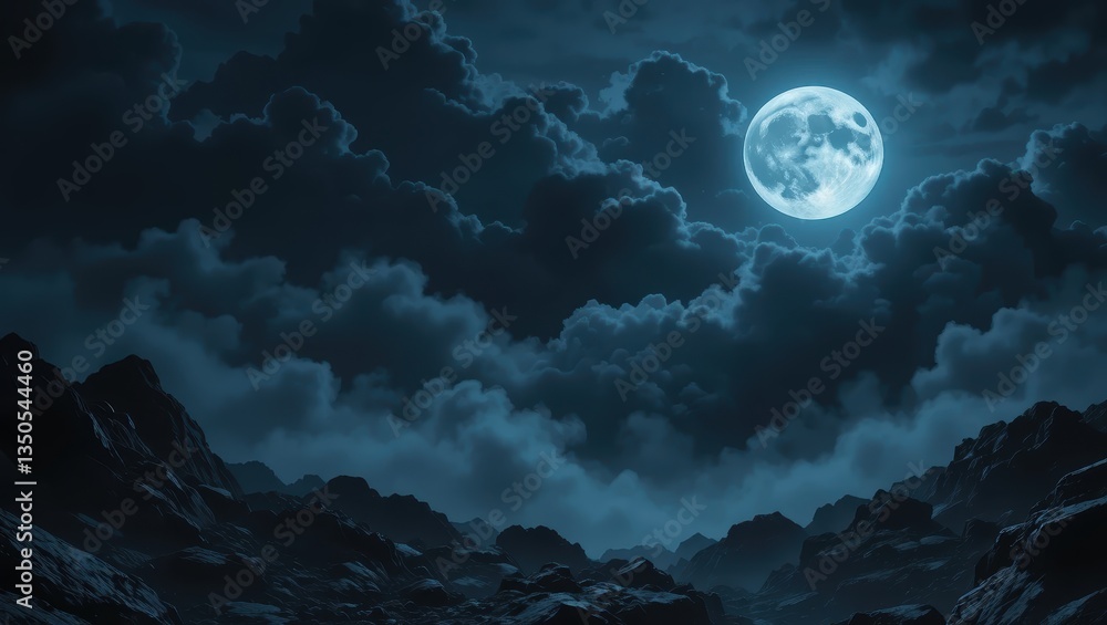 Fototapeta premium Majestic Full Moon Illuminating Dark Clouds Over Mysterious Mountain Landscape at Night