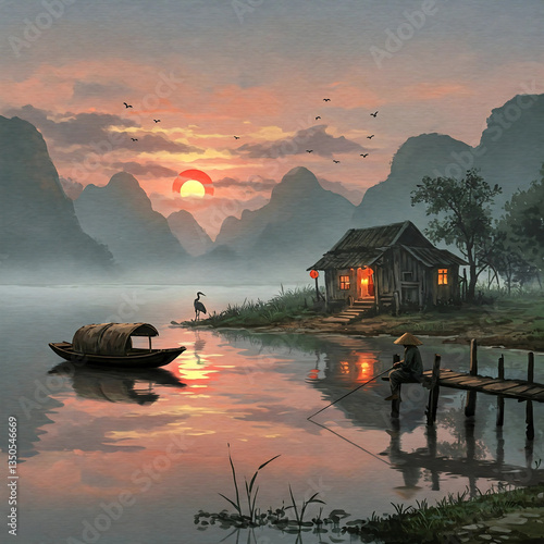 Peaceful Lakeside Sunset with Traditional Boat and Rustic Charm