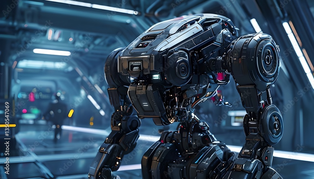 Fototapeta premium AI-Powered Autonomous Security Bot With Ceramic Plating In High-Tech Industrial Facility