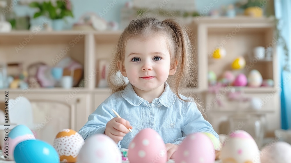 Obraz premium Child painting Easter eggs. A young girl engrossed in Easter egg decorating. Small hands, focused on creative activity. Springtime, family fun