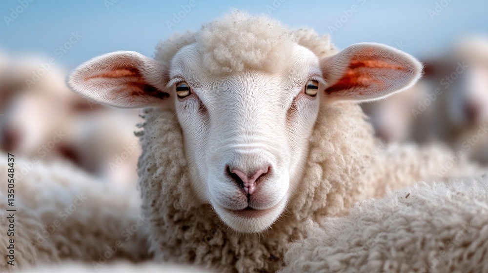 Fototapeta premium Close-up of a sheep, facing forward, with a soft, fluffy coat