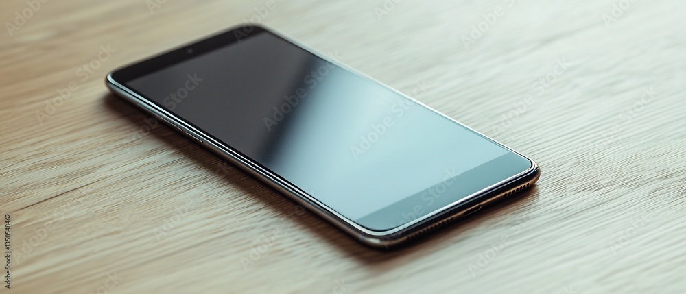 Sleek smartphone displaying a reflective screen on wooden table background Sleek smartphone displaying a reflective screen on wooden table background