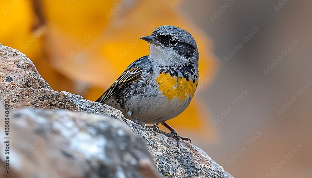 Naklejka premium Yellow-rumped bird perched on rock, autumn