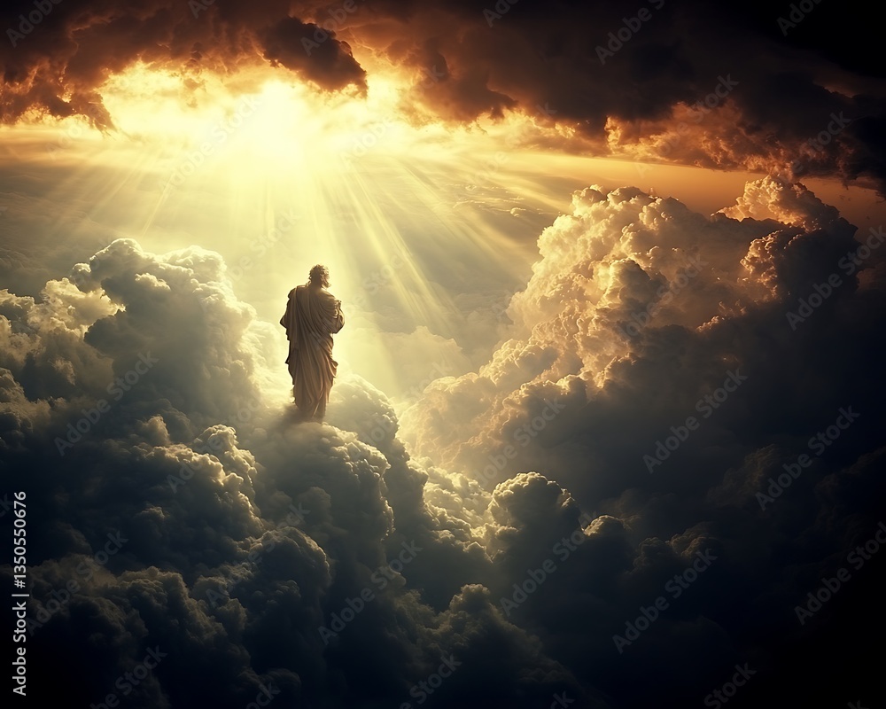 A statue is standing in the sky surrounded by clouds and bright light A statue is standing in the sky surrounded by clouds and bright light