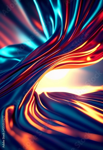 Brilliant hues of red and blue intertwine as flowing fabric creates a mesmerizing swirl, illuminated by a soft glow at dawn, adding depth and intrigue to the composition Generative AI