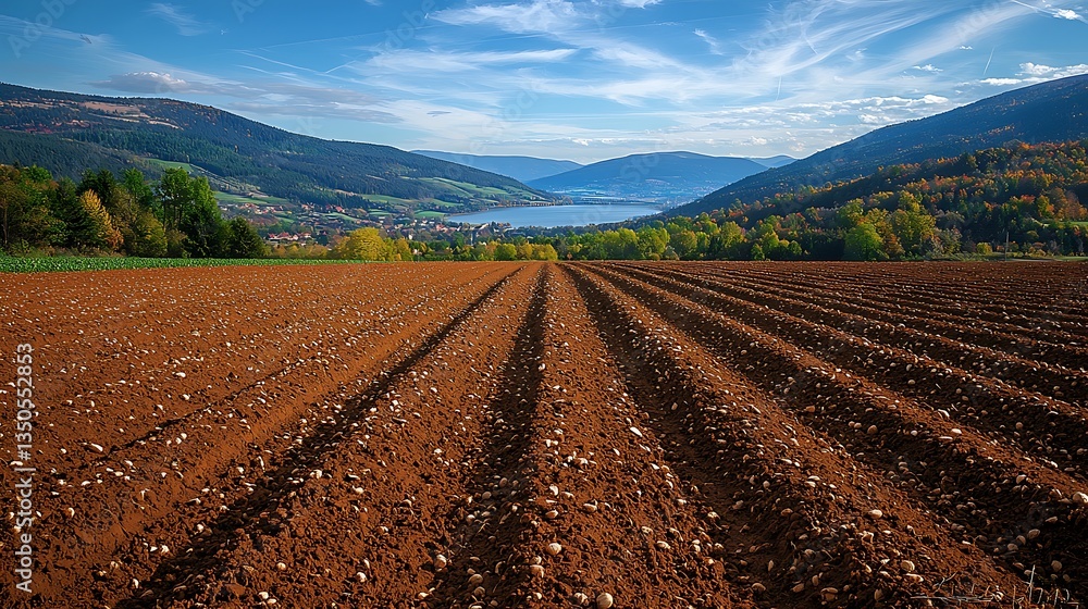 Plowed field, valley, lake Plowed field, valley, lake