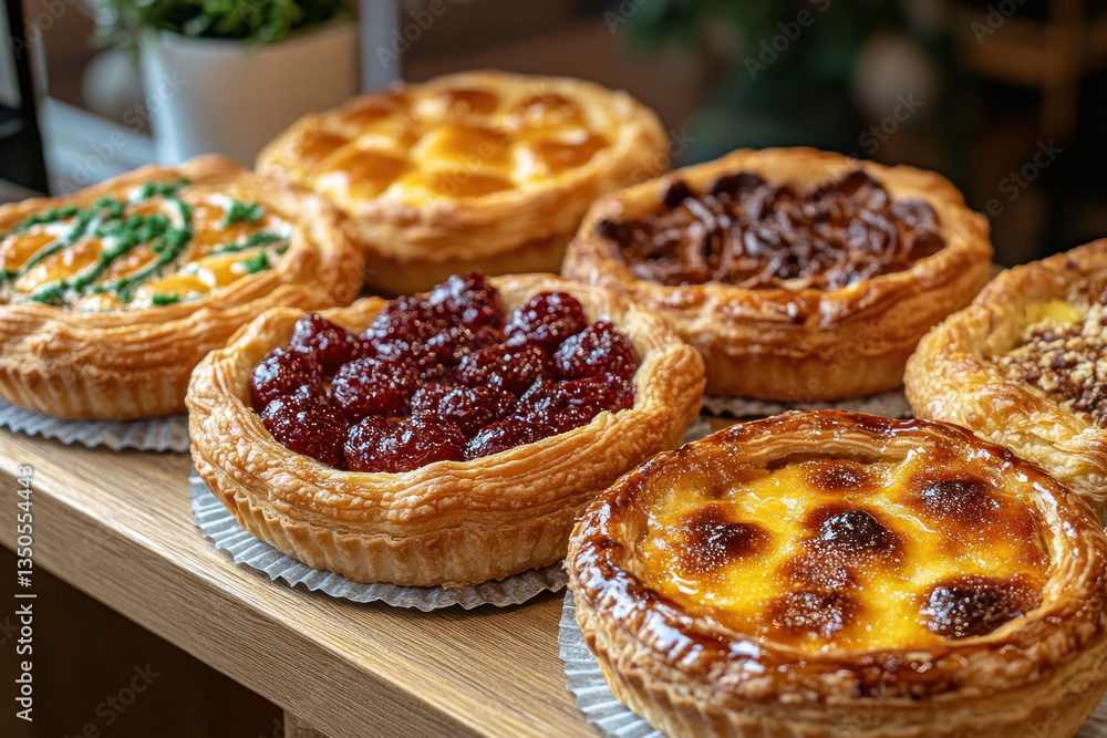 A wooden shelf with a variety of baked goods, including tarts and pastries, displayed in an array, each with a different filling and texture. A wooden shelf with a variety of baked goods, including tarts and pastries, displayed in an array, each with a different filling and texture.