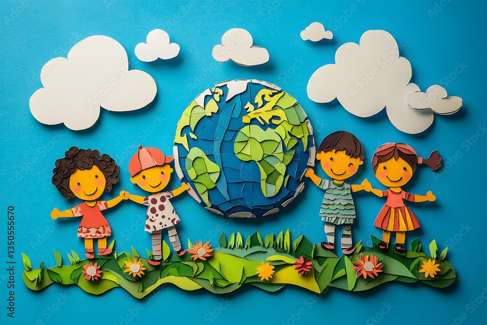 Naklejka premium Colorful Papercraft Depiction of Diverse Children Holding the Earth Surrounded by Nature and Clouds