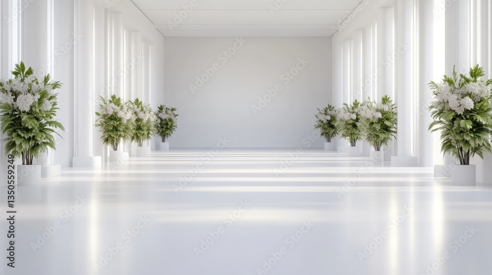 Empty white colonnade, bright and spacious. Plumeria plants adorn the pillars Empty white colonnade, bright and spacious. Plumeria plants adorn the pillars