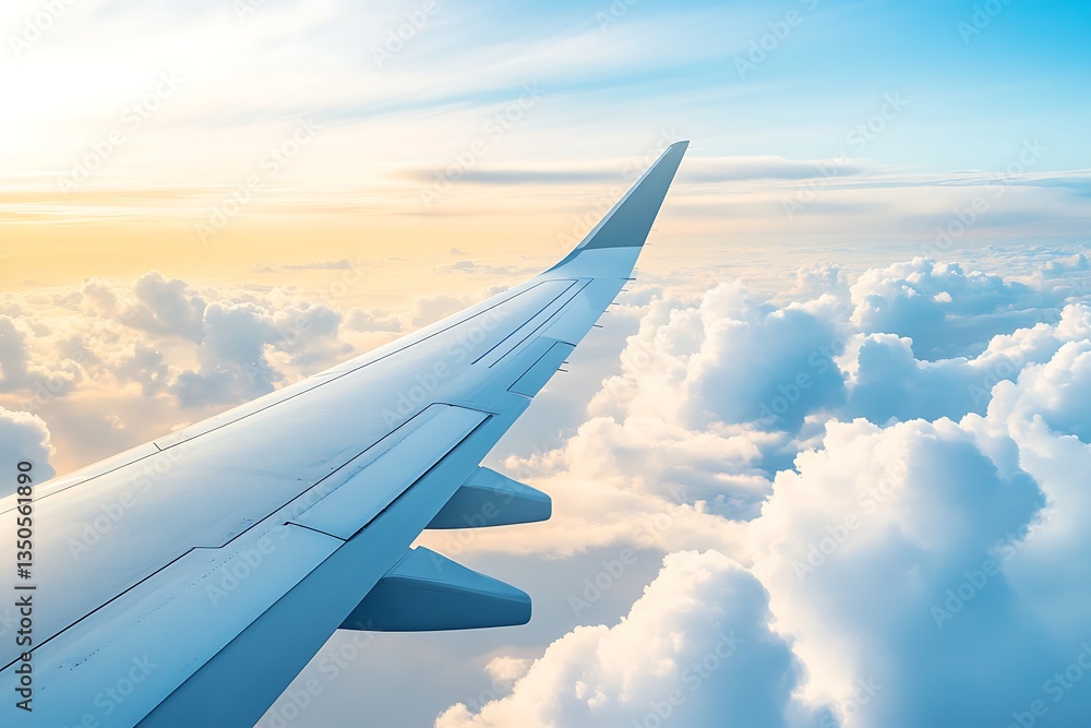 Fototapeta premium Aerial View of Airplane Wing and Clouds at Sunrise
