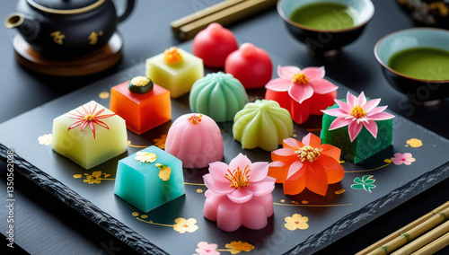delicate world of wagashi, colorful flower-shaped wagashi arranged on a slate plate, creates an elegant and tranquil scene full of tradition and artistry