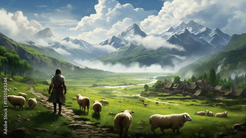 Naklejka premium A village shepherd walks along a dirt path, guiding a flock of sheep through rolling green pastures as a loyal sheepdog keeps them in line. The distant mountains frame the idyllic scene.