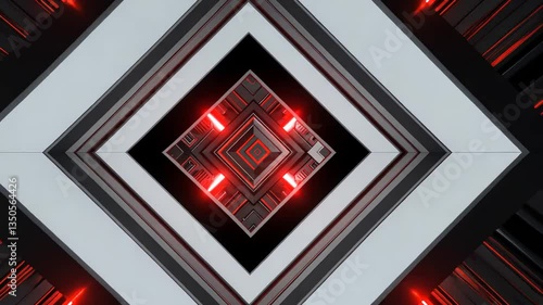 Abstract, geometric, symmetrical design with vibrant red accents and black background.  Complex interweaving shapes create a dynamic visual effect