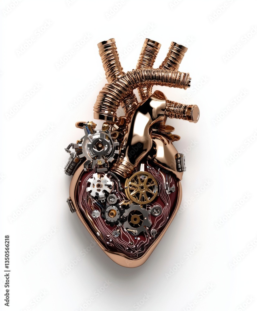 Mechanical copper heart with gears and coiled tubes on white background Mechanical copper heart with gears and coiled tubes on white background