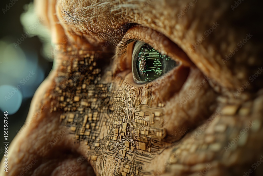 Obraz premium Close-up of an elderly person's eye, digitally enhanced to show circuit board patterns, symbolizing aging and technology.