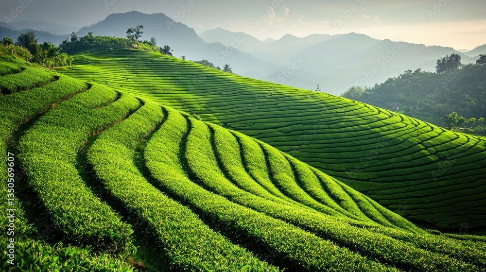 Vibrant green fields on a farm with a clear sky above. Vibrant green fields on a farm with a clear sky above.