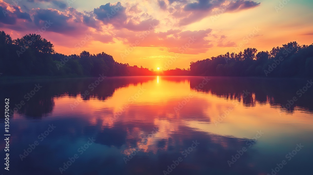 Serene sunset over a tranquil lake. Lush trees frame the horizon. Vivid colors reflected in the water Serene sunset over a tranquil lake. Lush trees frame the horizon. Vivid colors reflected in the water