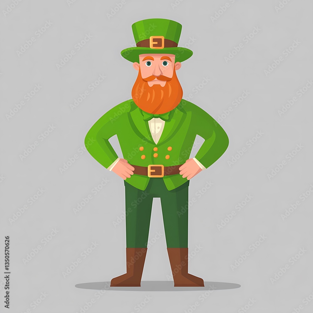 An illustrated leprechaun character wearing green attire poses proudly An illustrated leprechaun character wearing green attire poses proudly