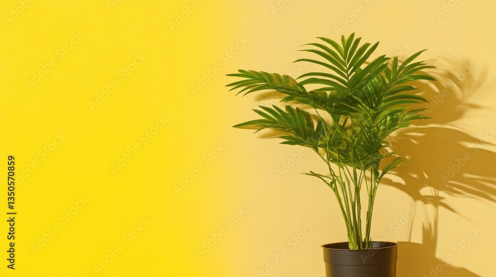 Fototapeta premium Green potted palm plant casting a sharp shadow against a bright yellow wall.