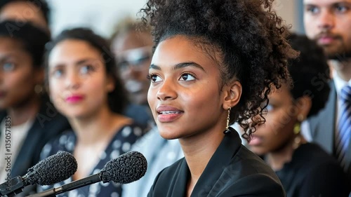 Young woman speaks at a conference focused on social change and community empowerment in an urban setting