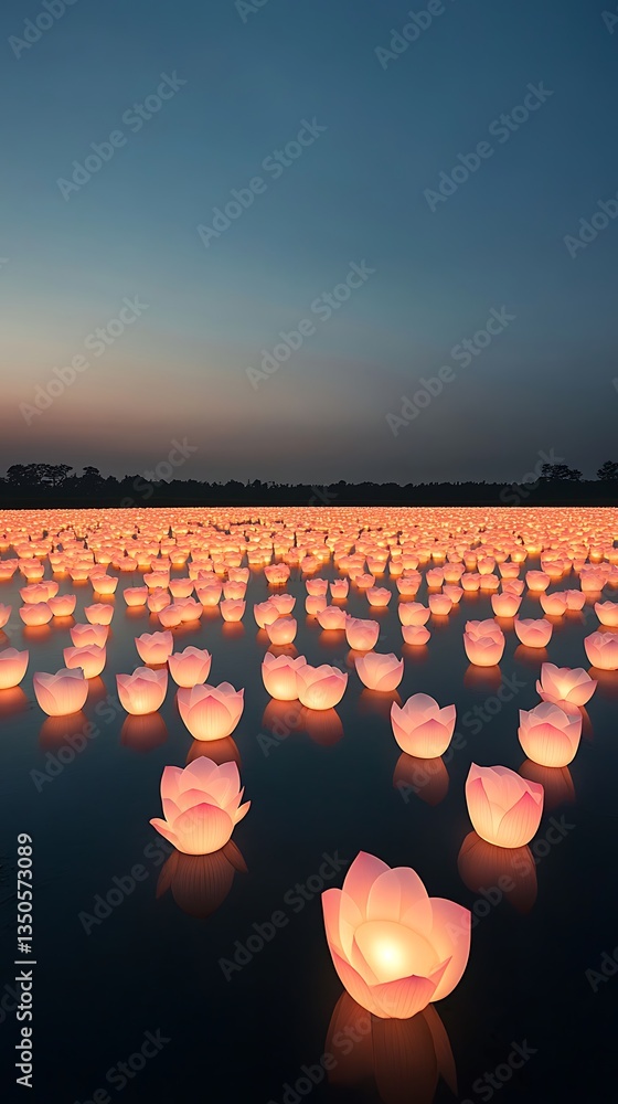 Obraz premium Sunset Lotus Lanterns Floating Lake.