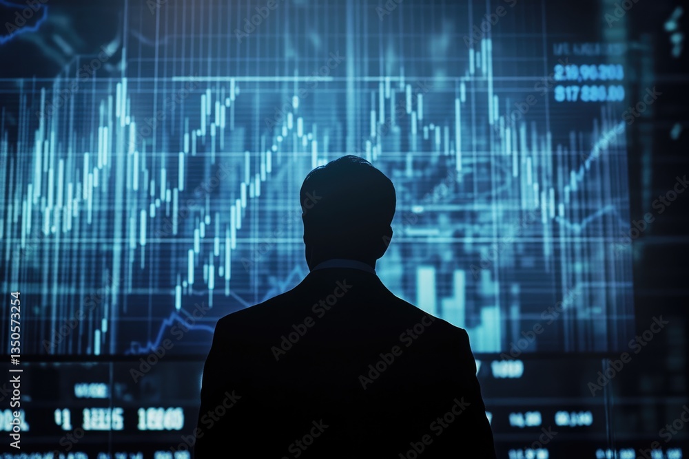 A businessman stands silhouetted against a large screen displaying dynamic stock market data, analyzing financial trends and market fluctuations. A businessman stands silhouetted against a large screen displaying dynamic stock market data, analyzing financial trends and market fluctuations.