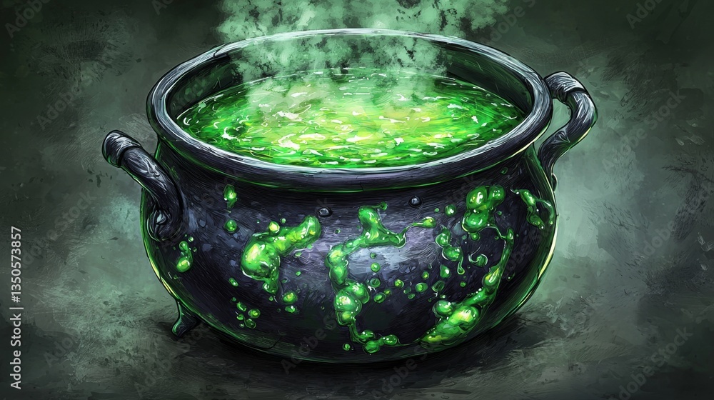 Dark Mystical Cauldron Bubbling with Vibrant Green Potion Against a Mysterious Smoky Background Dark Mystical Cauldron Bubbling with Vibrant Green Potion Against a Mysterious Smoky Background