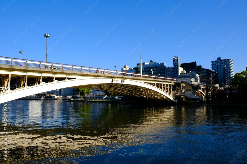 Naklejka premium 日本、大阪、橋、水、春、青空、建築、城市、木