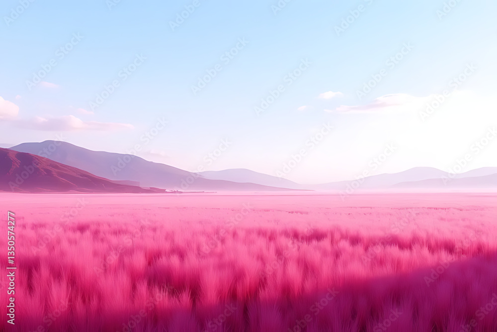 Fototapeta premium vast open landscape of Da Lat’s pink grass fields, with a gentle mountain slope and clear sky in the background