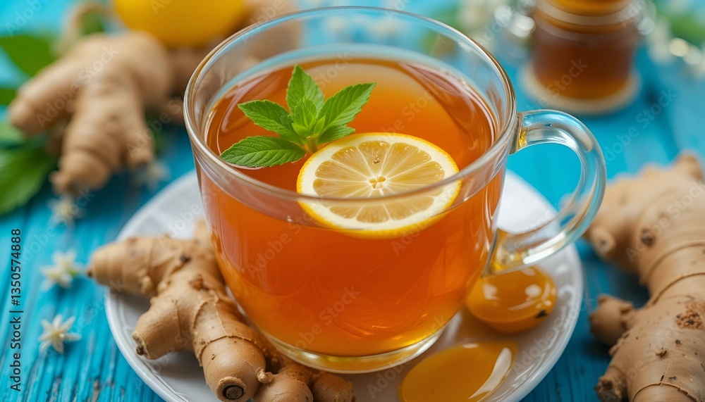 Cup of steaming ginger tea garnished with lemon and mint, accompanied by ginger root and honey, set against a vibrant blue background. Perfect cozy remedy for wellness. Cup of steaming ginger tea garnished with lemon and mint, accompanied by ginger root and honey, set against a vibrant blue background. Perfect cozy remedy for wellness.