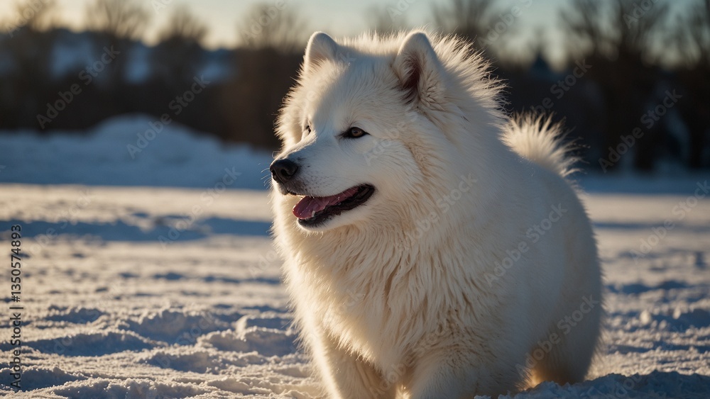 Obraz premium A fluffy white Samoyed, joyfully playing in the snow, its thick coat gleaming under the bright winter sun.