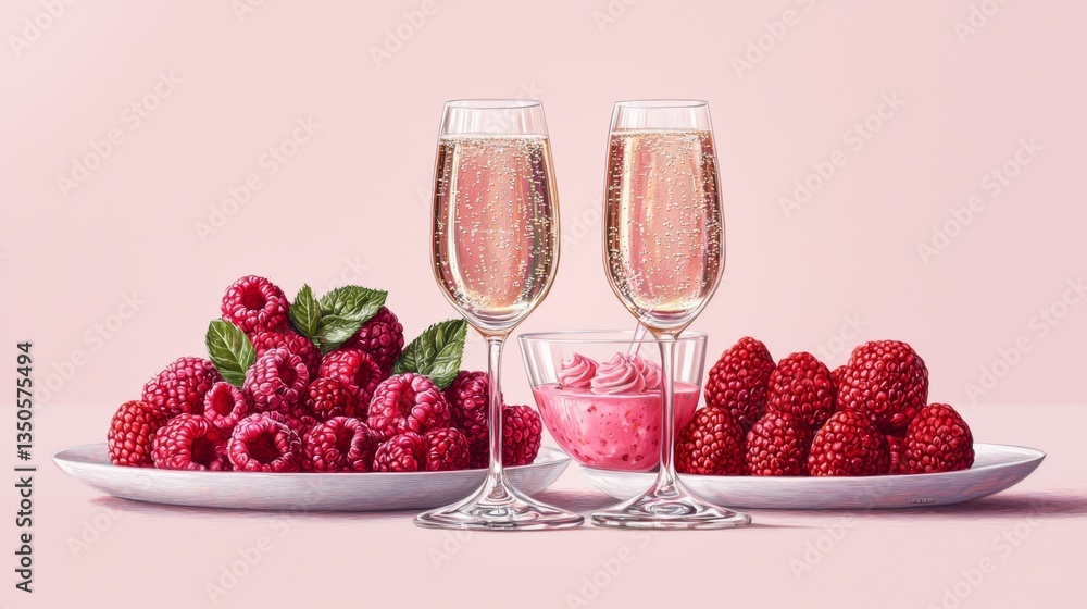 Fresh Raspberries with Sparkling Drink and Creamy Dessert on a Pink Table for a Delightful Celebration