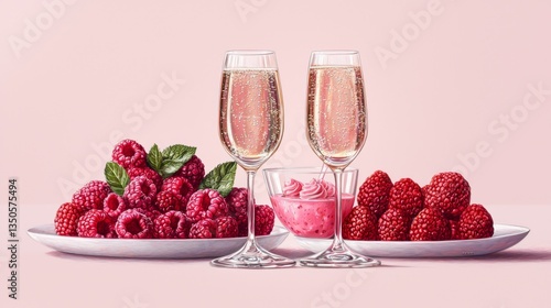 Obraz na płótnie Fresh Raspberries with Sparkling Drink and Creamy Dessert on a Pink Table for a Delightful Celebration w salonie