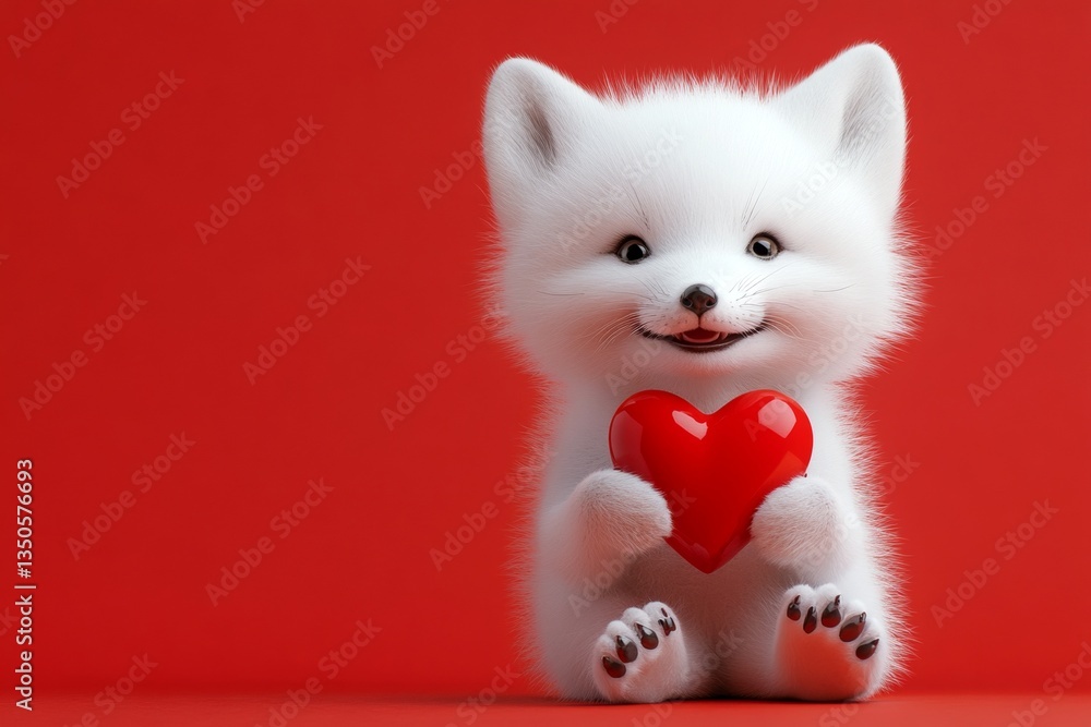 Obraz premium Commercial creative. Arctic fox - my desired animal. Cute arctic fox baby with diamond red heart - sign of love, funny greeting card. Commercial concept. Heartwarming pets valentines.
