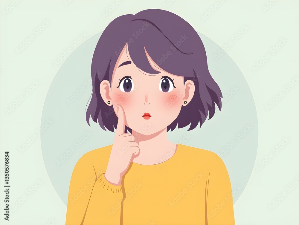 a flat illustration of a girl thinking yellow shirt left hand hand under chin purple hair a flat illustration of a girl thinking yellow shirt left hand hand under chin purple hair