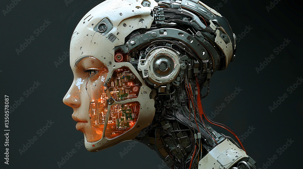 Humanoid Robot with Intricate Circuitry Design on Dark Background Humanoid Robot with Intricate Circuitry Design on Dark Background