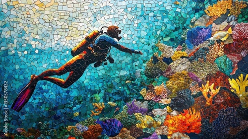 A diver exploring vibrant coral reefs in a colorful mosaic style
