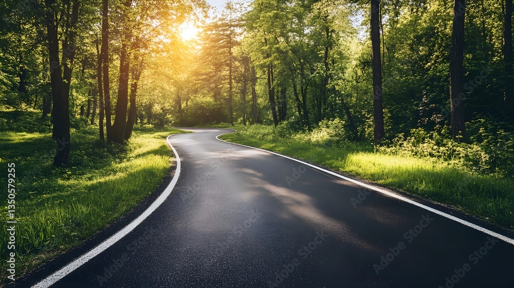 Obraz premium Road through the Green Forest: A winding road meanders through a vibrant, sun-dappled forest, offering a sense of adventure and freedom, the rich colors of nature.