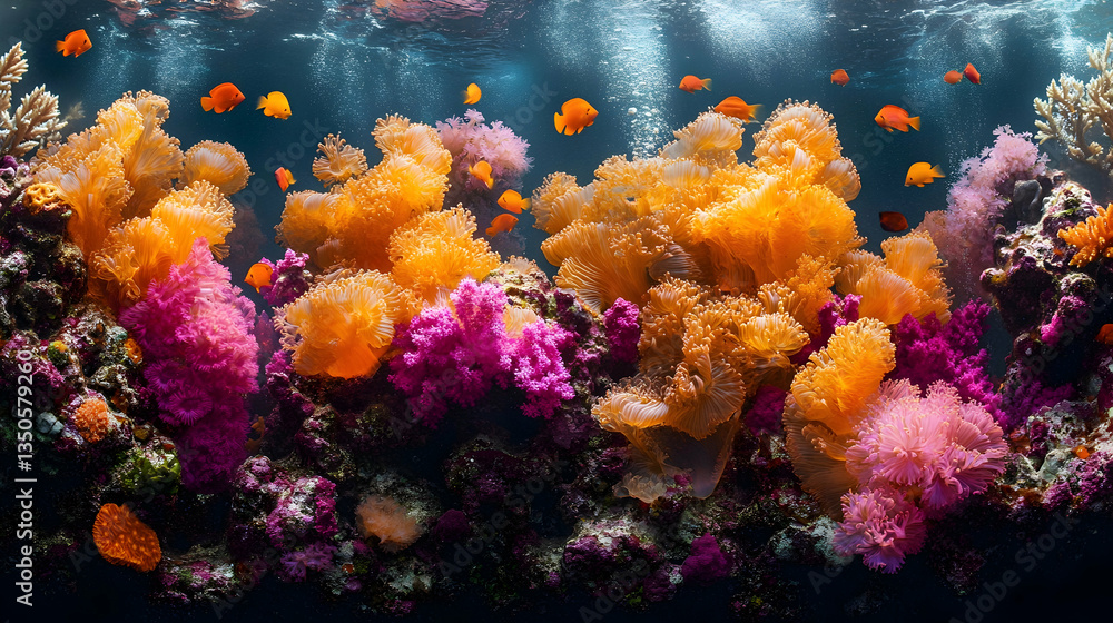 Vibrant underwater scene with orange and pink corals, and small orange fish swimming around Vibrant underwater scene with orange and pink corals, and small orange fish swimming around
