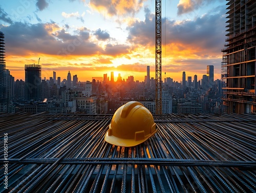 A construction helmet on metal bars overlooking a cityscape at sunset