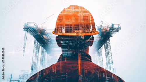 Double Exposure of a Civil Engineer in Hard Hat Overlooking a Steel Bridge Under Construction