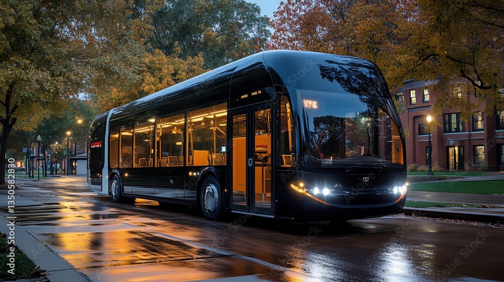 Obraz premium Modern Electric Bus in Wet City Street at Night