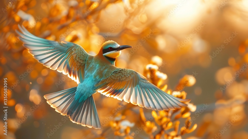 Fototapeta premium Rainbow bee eater mid flight iridescent green blue yellow feathers glowing in sunlight crisp sharp motion blurred warm background