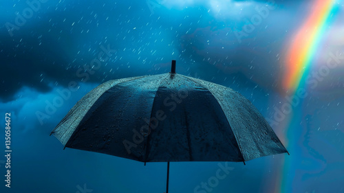 A black umbrella covered in raindrops stands against a stormy sky, with rain falling and a rainbow emerging in the background.