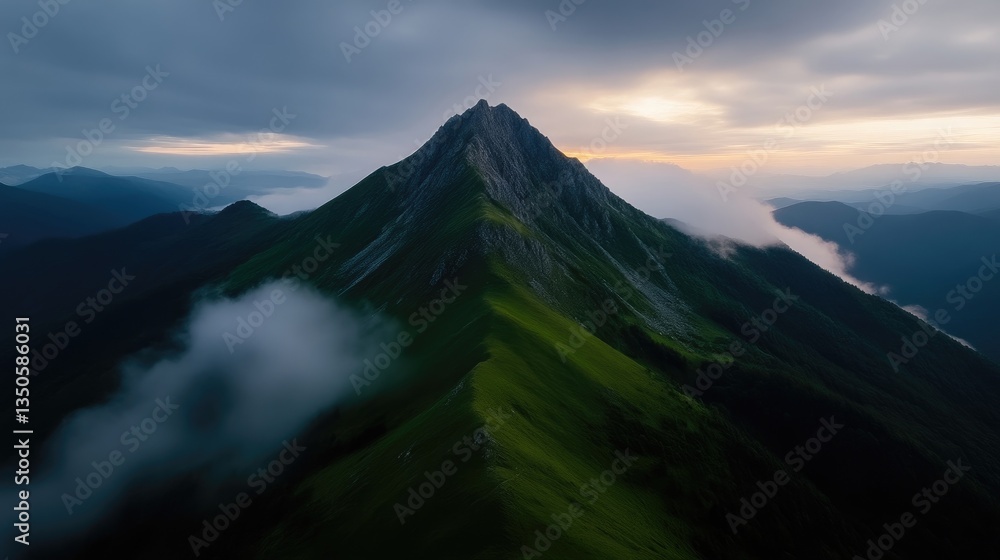 Obraz premium Majestic green mountain peak rising above low clouds during a dramatic sunrise.