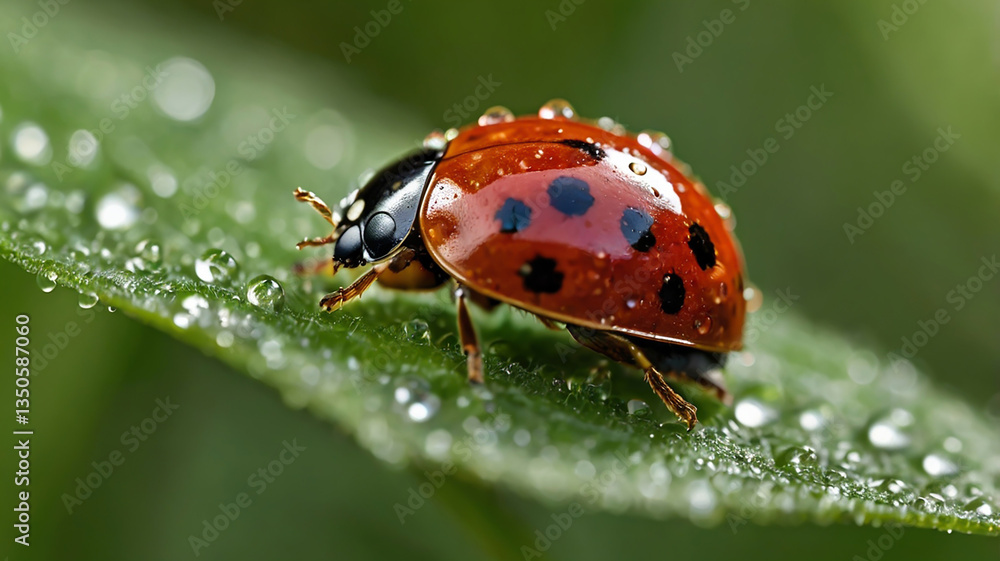 Obraz premium 雨粒の輝きと小さな訪問者