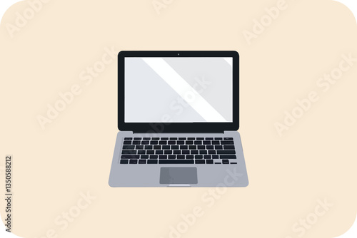 Vector illustration of a silver laptop computer with a blank screen, showing technology, office, and business elements in a modern, clean design